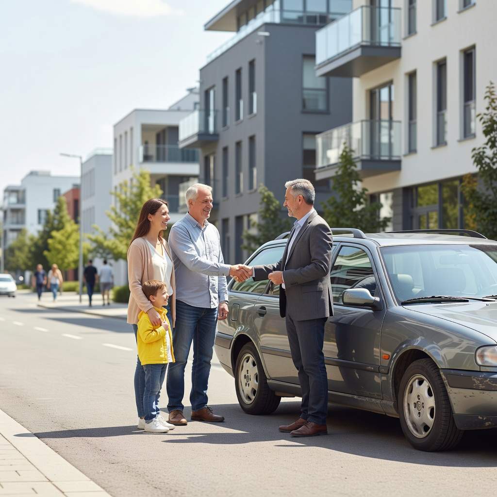 Zufriedener Kunde samt Familie beim seriösen Autoankäufer in Sprockhövel, daneben steht das zu verkaufende Fahrzeug. 