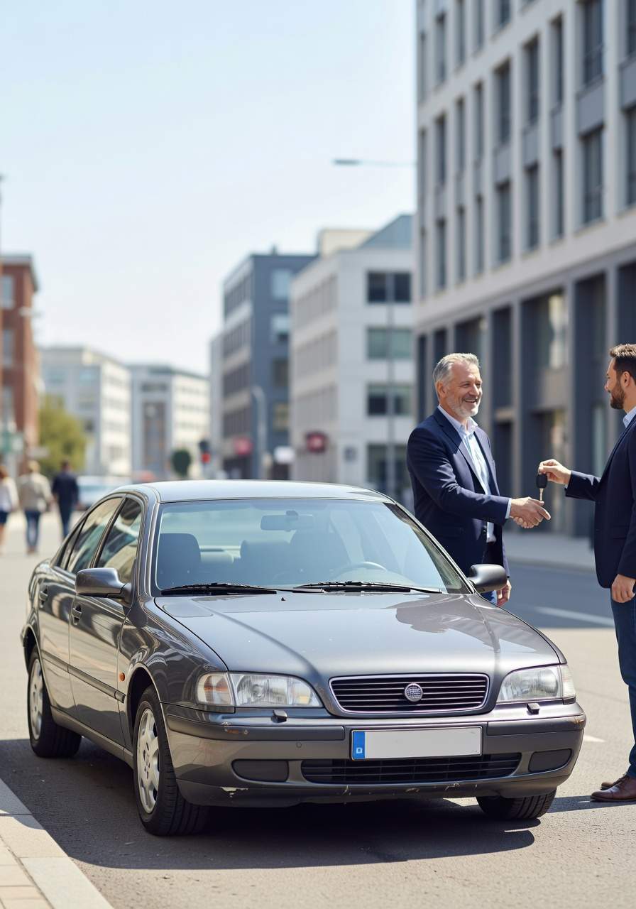 Team in Sprockhövel, ein erfahrener Fahrzeugexperte aus Sprockhövel nimmt das Fahrzeug eines zufriedenen Kunden ab. Seitlich steht der Wagen neben beiden.